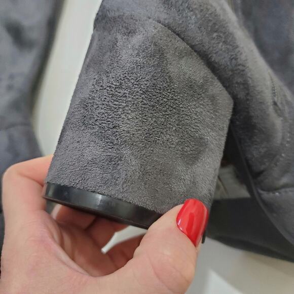 Torrid | Gray Suede Over-The-Knee Back Tie Block Heel Boots - Picture 10 of 14